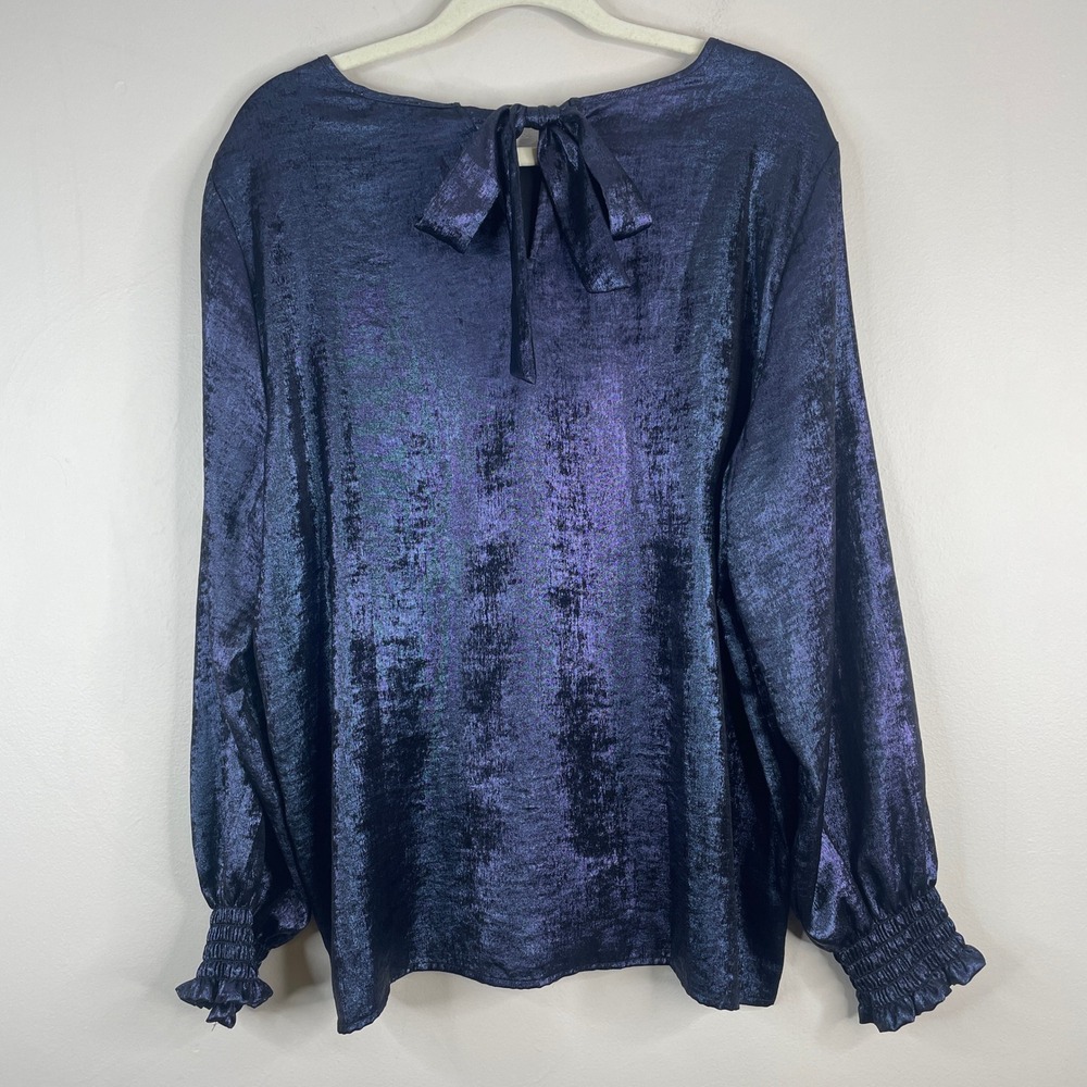 Loft Bow Back Silky Satin Blouse‎ Womens XLarge Midnight Blue Smocked Cuffs Chic